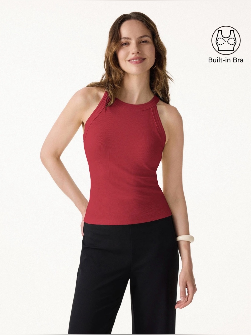 NWT OGL Slub Textured Summer Bra Tank Top Retro Red Built in Bra Soft Stretch M